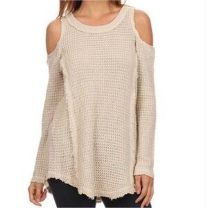 Elan Cold Shoulder Cut Out Waffle Knit Long Sleeve Cotton Boho Top M